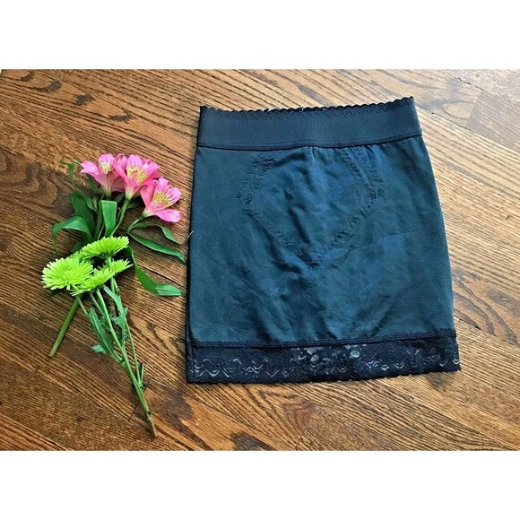 vtg girdle slip black panty undergarment lace stretch elastic silky floral small - Picture 2 of 7